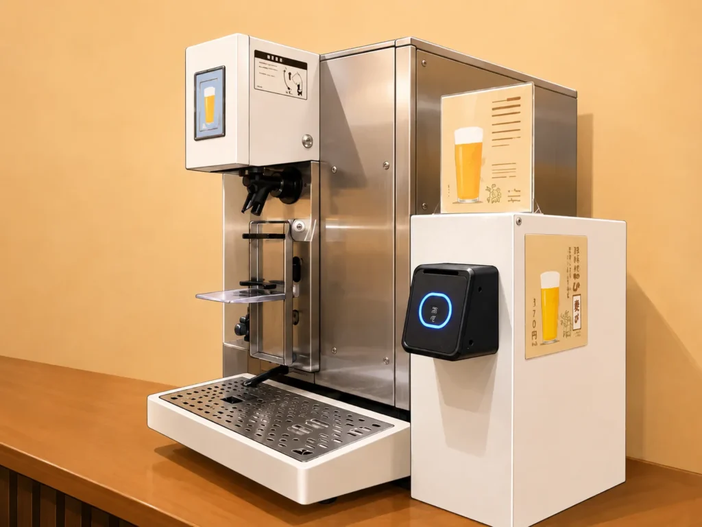 品川サウナ館内のセルフ式ビールサーバー。ステンレス製のサーバー本体とICバンド決済用のタッチ端末（青いLEDリング付き）が木製カウンターに設置されている（イメージ画像：AI生成）