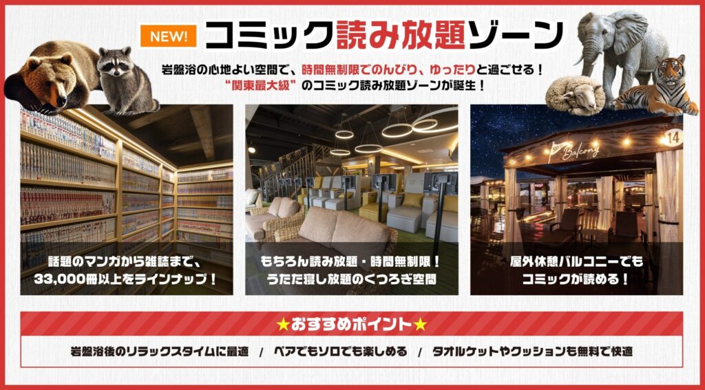 キングアンドクイーンの岩盤浴エリア2階にある漫画コーナー・休憩スペース