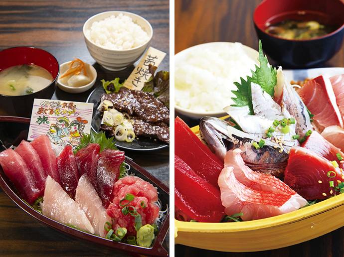 くろば亭本店のまんぷく券メニュー|左:舟盛り定食、右:刺身盛り合わせ