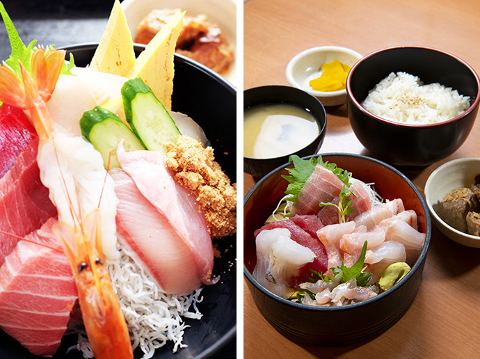 まぐろ食堂七兵衛丸のまんぷく券メニュー|左:海鮮丼、右:刺身定食