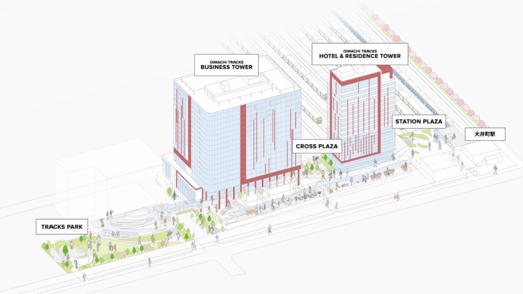 大井町トラックス 2棟の高層タワーとアウトモール商業エリアの全景イメージ