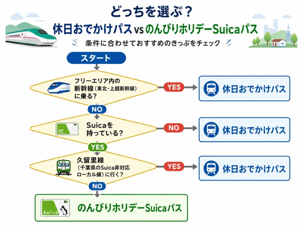 「どっちを選ぶ？」の選び方フローチャート。新幹線利用やSuica所持などの質問で、休日おでかけパスかのんびりホリデーSuicaパスかを判定する図