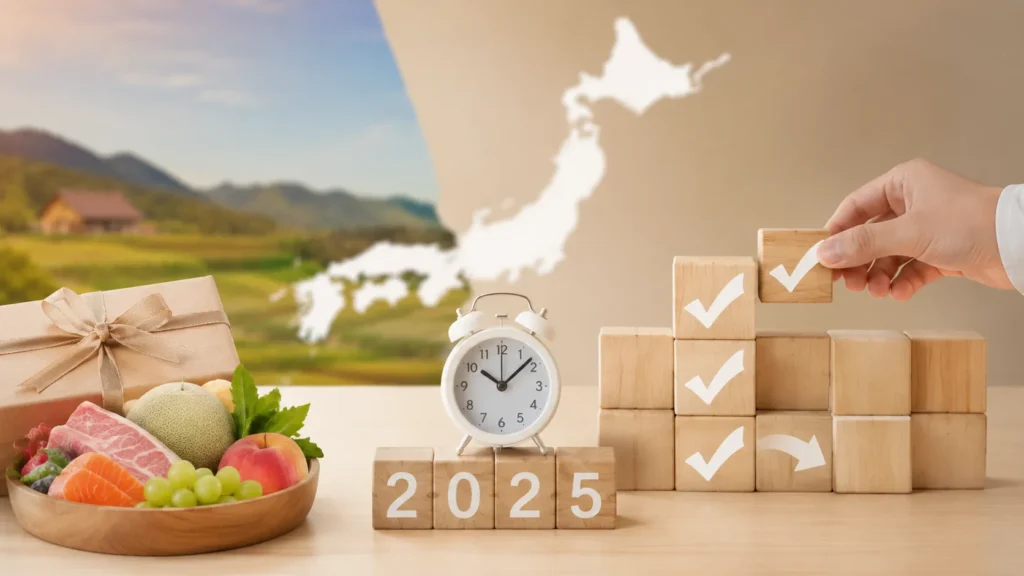 2025年の制度変更をイメージした写真。ふるさと納税の返礼品の刺身、時計、「2025」と書かれた積み木、チェックマークと矢印の積み木が並んでいる