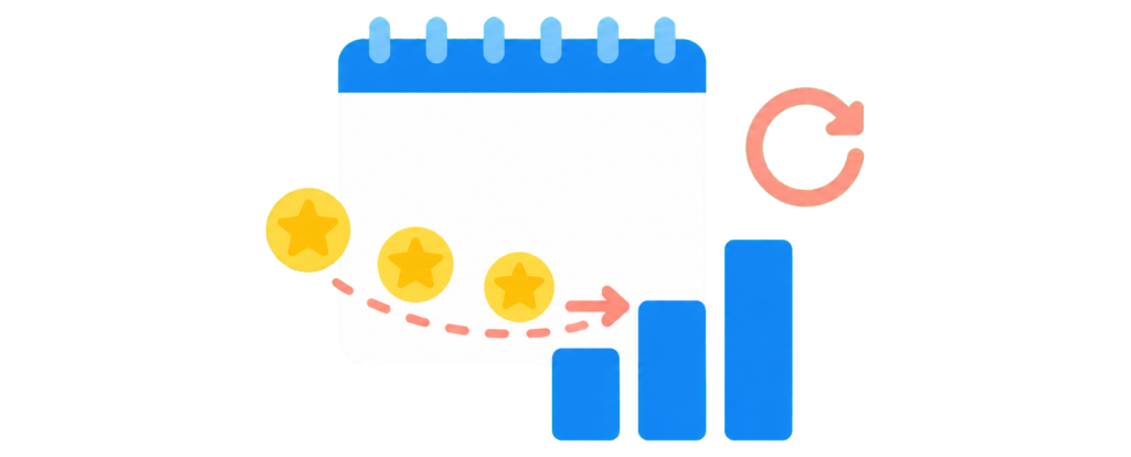 TOKYU POINTの会員ランク判定期間を示したイラスト。カレンダーと更新の矢印の下で、ポイントが右肩上がりの棒グラフへ向かっている