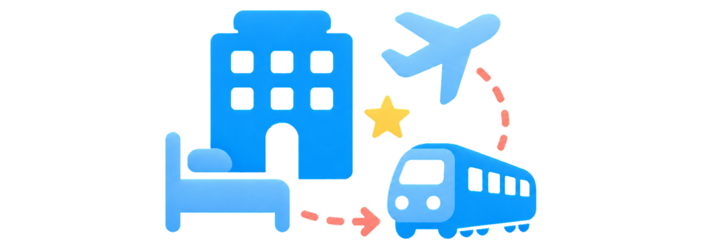 国内宿泊と国内ツアーが利用回数に含まれることを、ホテル・ベッド・列車・飛行機で示したピクトグラム