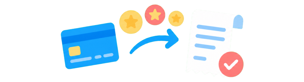 TOKYU CARDの年会費をTOKYU POINTで支払う流れのイラスト。クレジットカードとポイントから矢印が伸び、チェックマーク付きの明細書につながっている