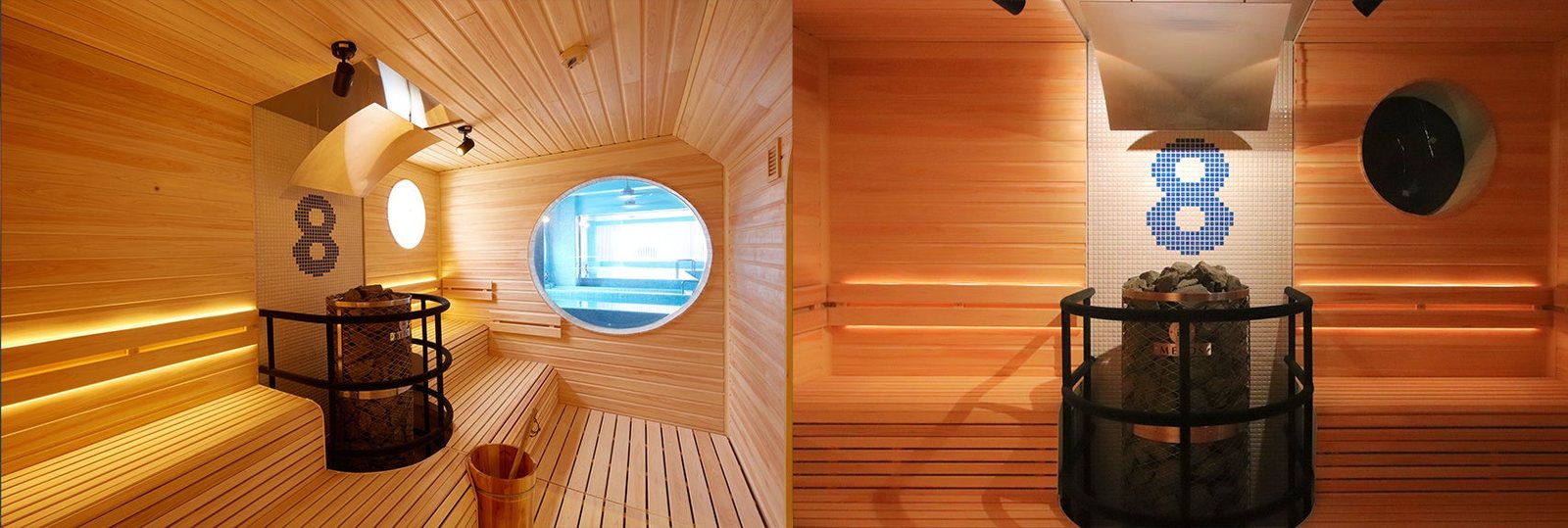 8HOTEL SHONAN FUJISAWAのサウナ室と8ロゴ入りストーブ