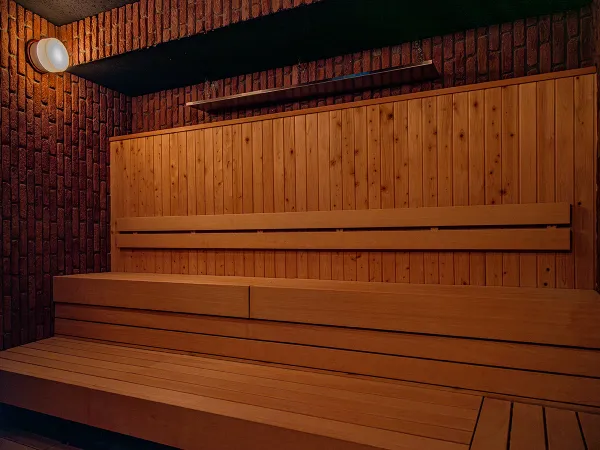 木製ベンチとレンガ壁が見えるDogen Sauna & Stayのボナサウナ室