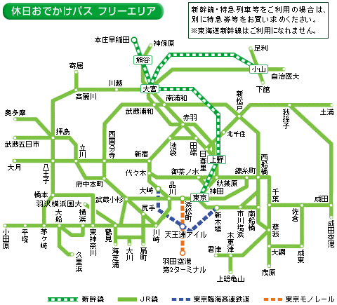 JR東日本の休日おでかけパスのフリーエリア図