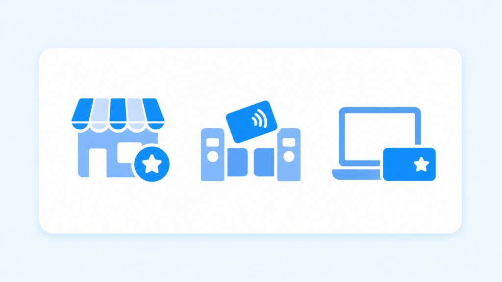 TOKYU POINTが使える場所のイラスト。店舗、交通系ICのタッチ決済、パソコンでのWebショッピングの3つが並んでいる