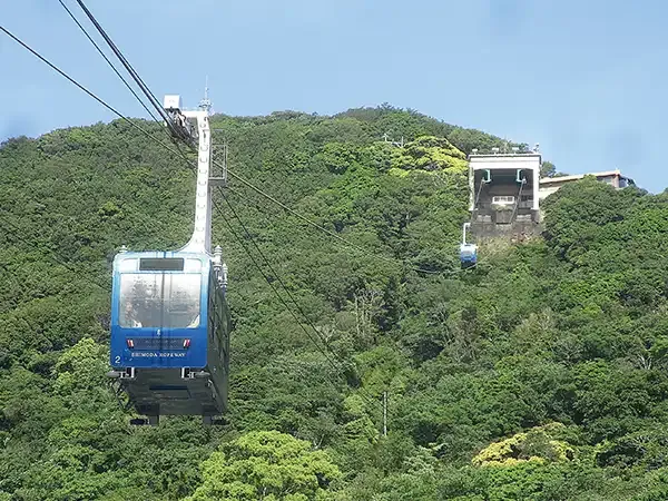 緑の山の上を行き交う青いロープウェイのゴンドラ