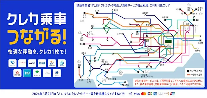クレジットカードタッチ乗車サービスを相互利用できる鉄道11社局のエリア図