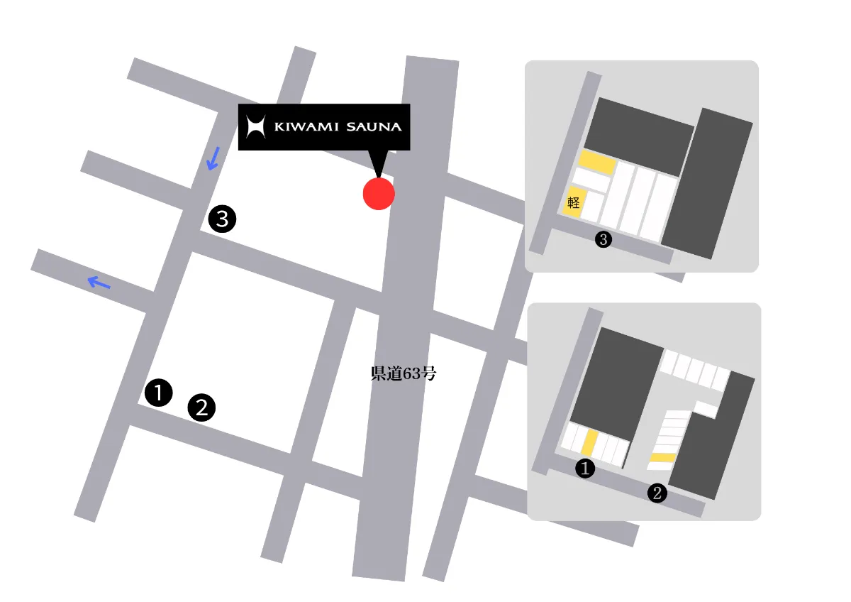 KIWAMI SAUNA本店の専用駐車場4台の位置を示す案内図