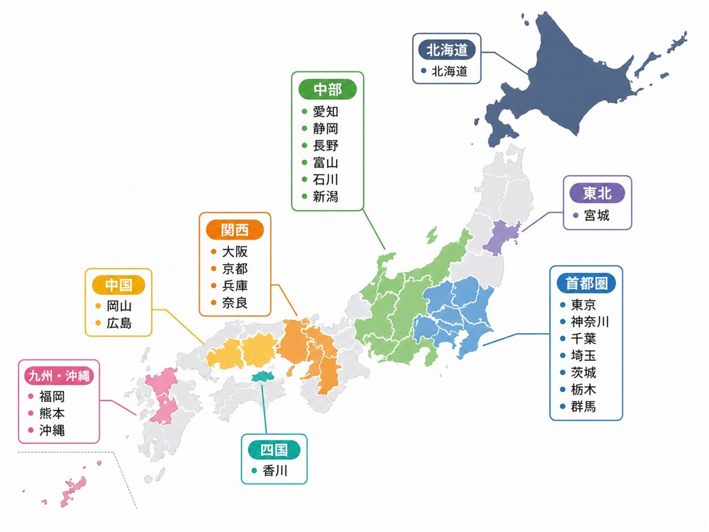 三井のカーシェアーズのステーション設置エリアを示した日本地図。北海道、東北(宮城)、首都圏(東京・神奈川・千葉・埼玉・茨城・栃木・群馬)、中部(愛知・静岡・長野・富山・石川・新潟)、関西(大阪・京都・兵庫・奈良)、中国(岡山・広島)、四国(香川)、九州・沖縄(福岡・熊本・沖縄)が地方ごとに色分けされている
