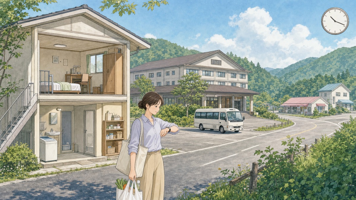 日本の高原リゾートにある職員寮、勤務先、送迎車、買い物・通院環境を確認するためのイラスト
