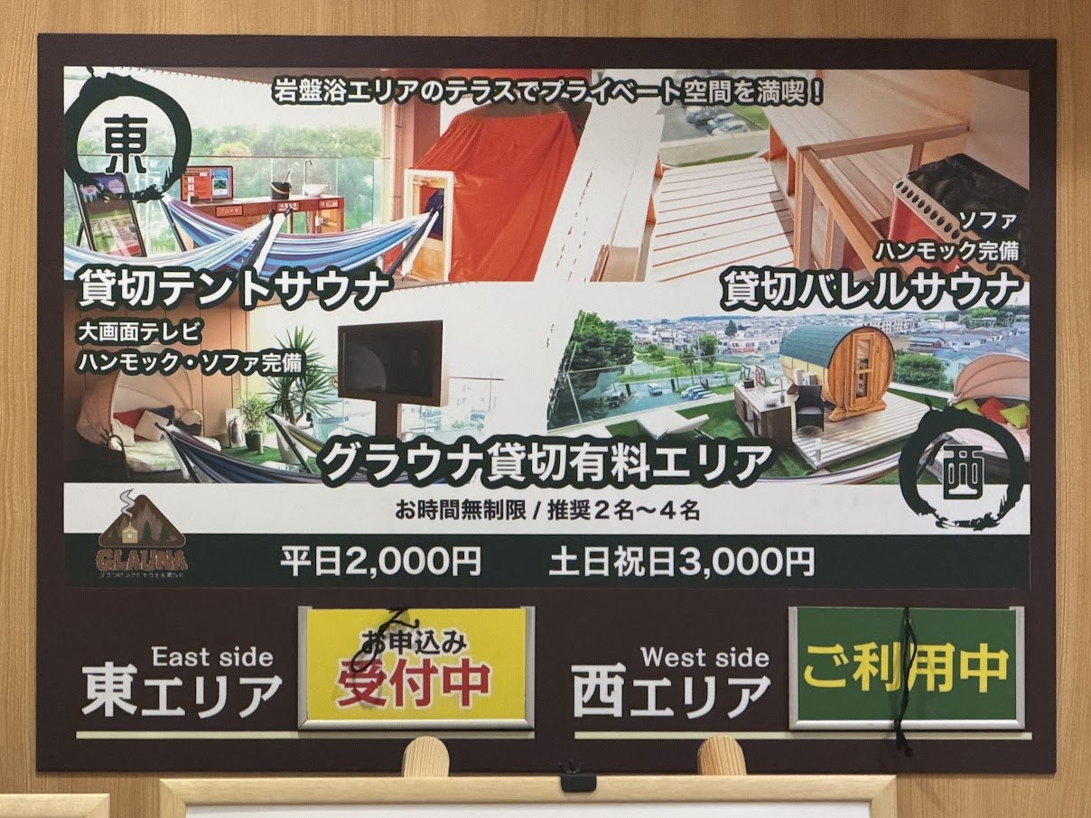 スパジアムジャポンGLAUNAの有料貸切エリア利用可否を示す館内パネル