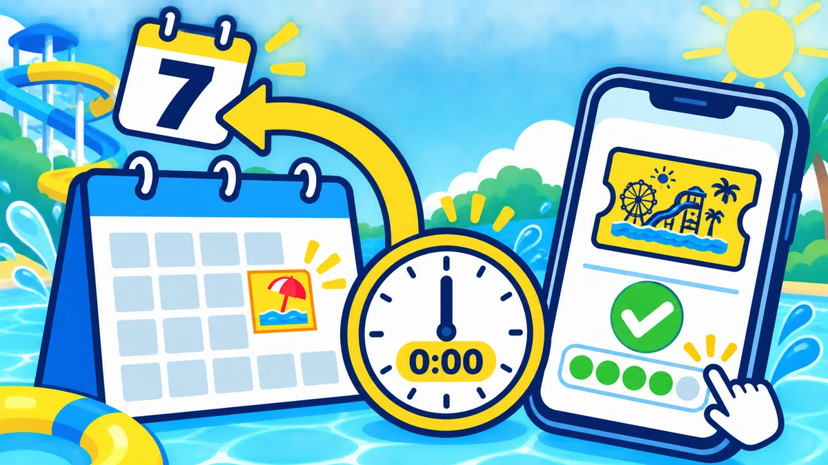 東京サマーランド1Dayパスが来園7日前の0時に発売され、当日はオンライン在庫を確認する流れを表したイラスト