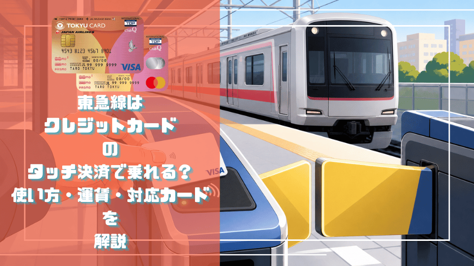 TOKYU CARDと東急線の車両、クレジットカード対応改札を描いたサムネイル