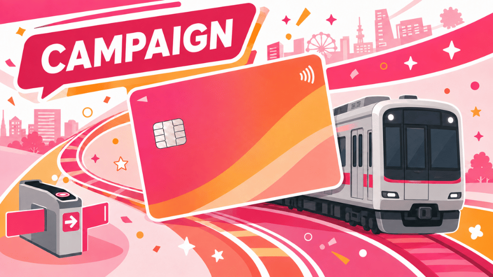 TOKYU CARDのキャンペーンを模したイラスト、東急線の車輛と改札と、カードのイメージが描かれている。