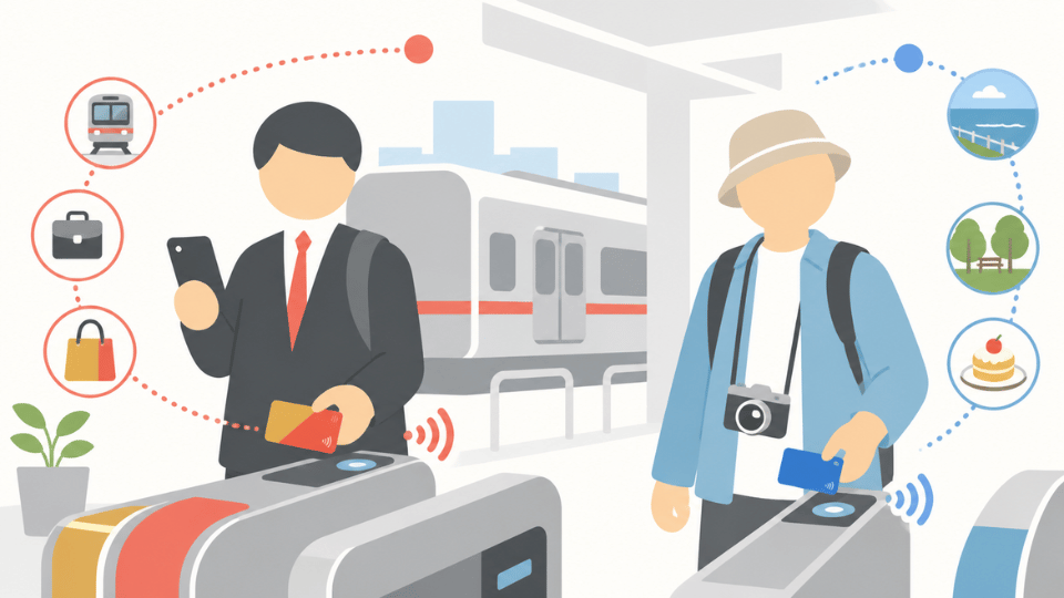 TOKYU CARDが向いている通勤利用者と、手持ちのクレジットカードで乗車する休日利用者の比較イラスト