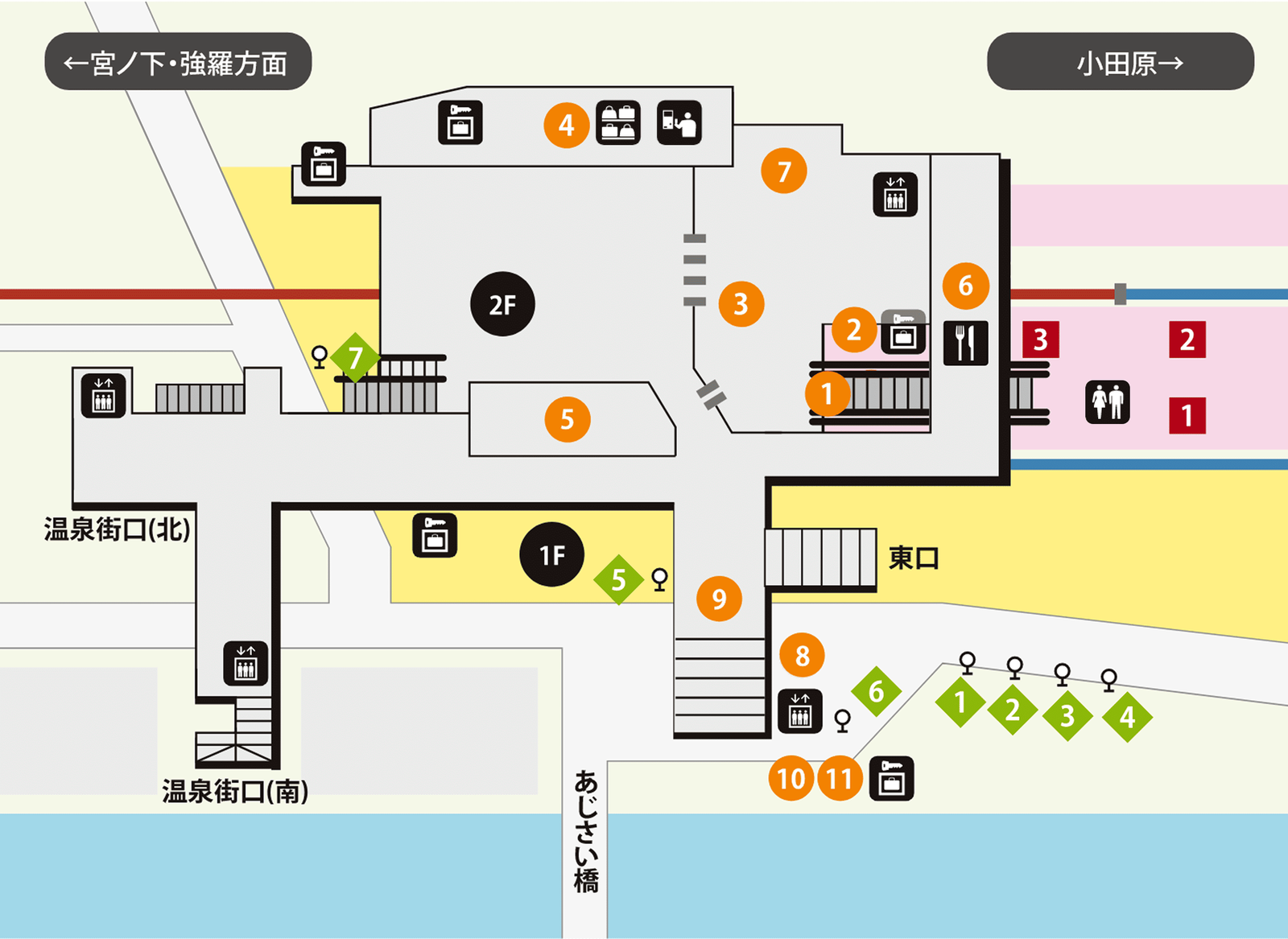 箱根湯本駅のコインロッカー・手荷物預かり構内図 箱根湯本駅のコインロッカーと手荷物預かり場所の構内図