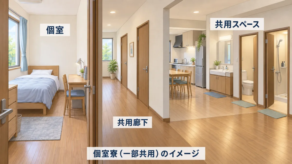 個室の寝室と、廊下の先にある共用キッチン・洗面台・トイレ・シャワーを描いた個室寮のイメージ