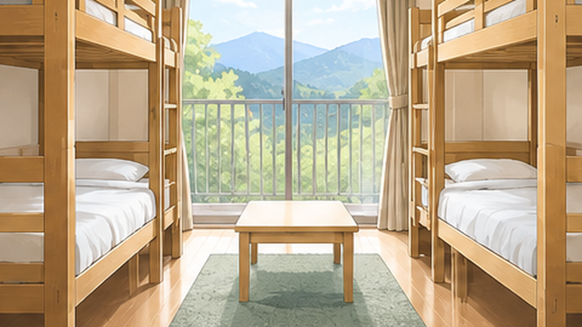 複数の二段ベッドとテーブルがある相部屋寮のイメージイラスト