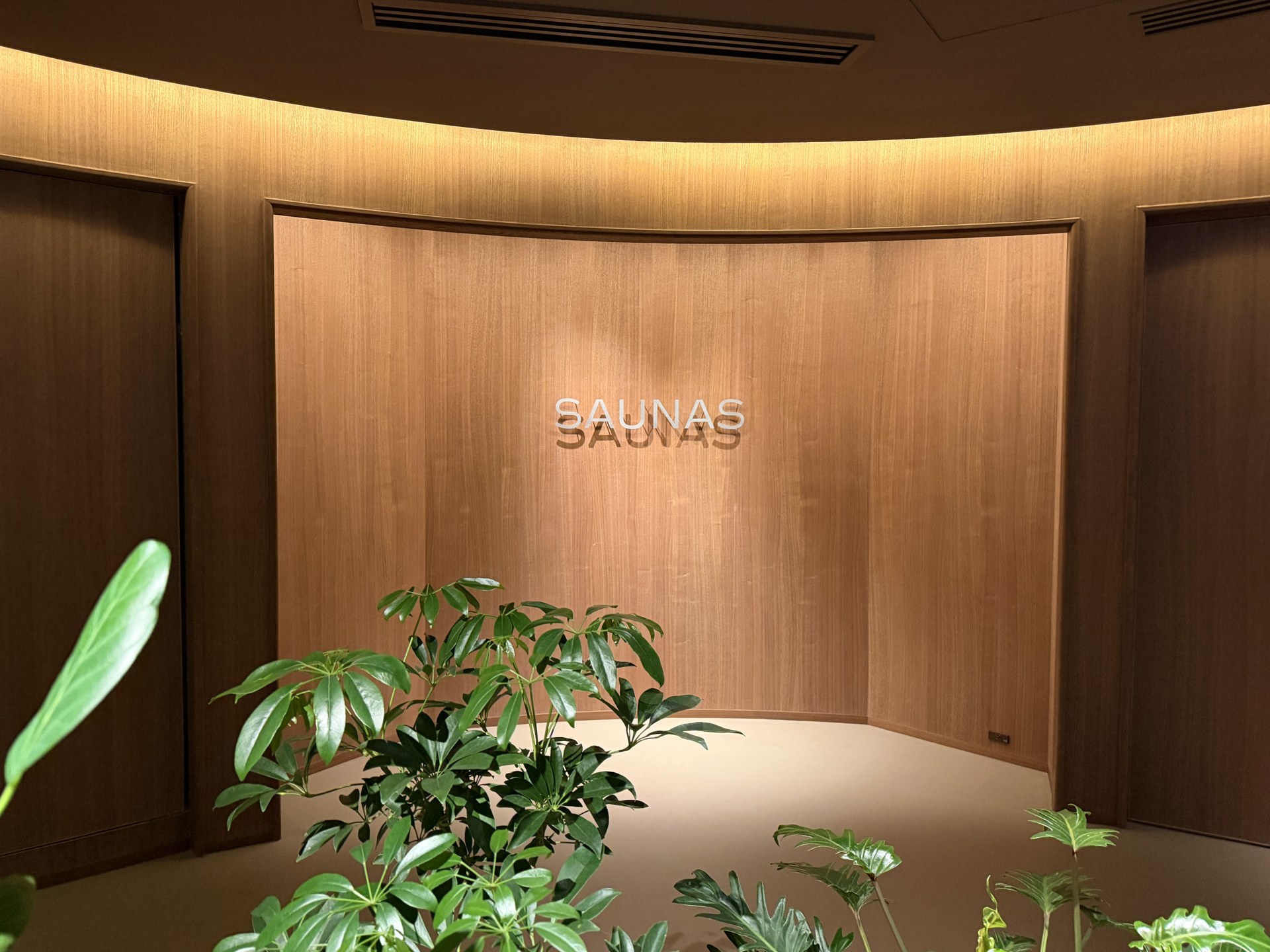 高輪SAUNASの木壁と植栽がある入口